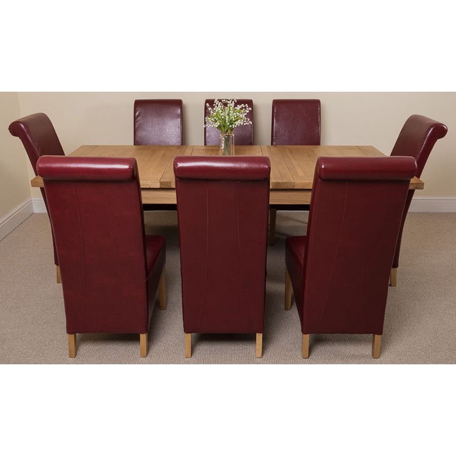 Seattle Oak Extending Dining Table and 8 Montana Burgundy Leather Dining Chairs