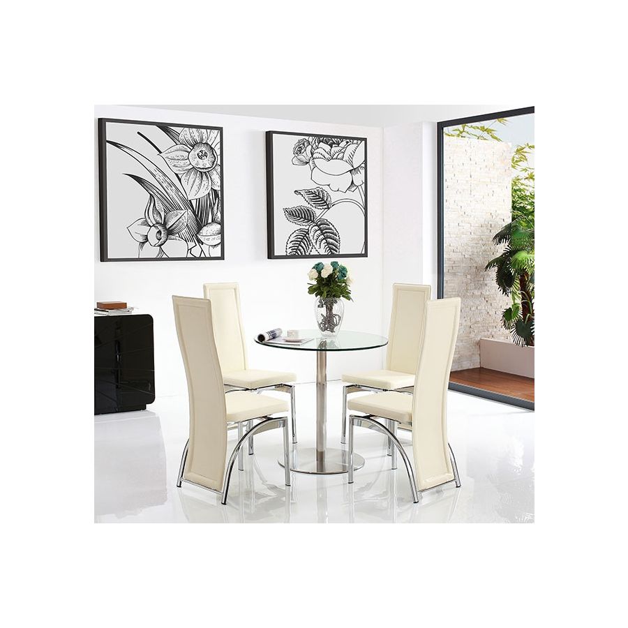 target round glass dining table  4 alisa ivory leather chairs