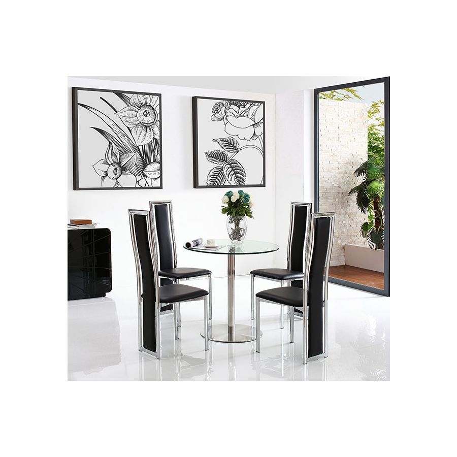 target round glass dining table  4 elsa black leather chairs