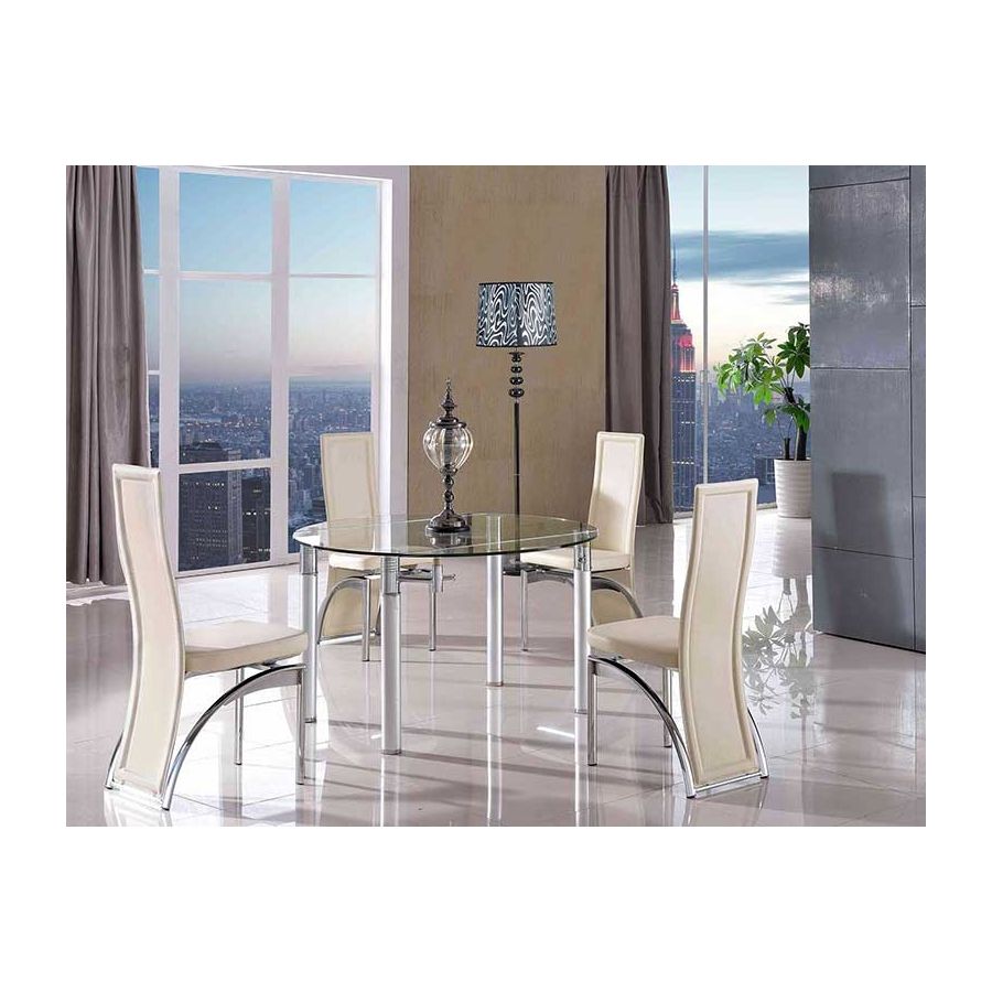 Torino Round Extendable Glass Dining Table & 4 Alisa Ivory Leather Chairs