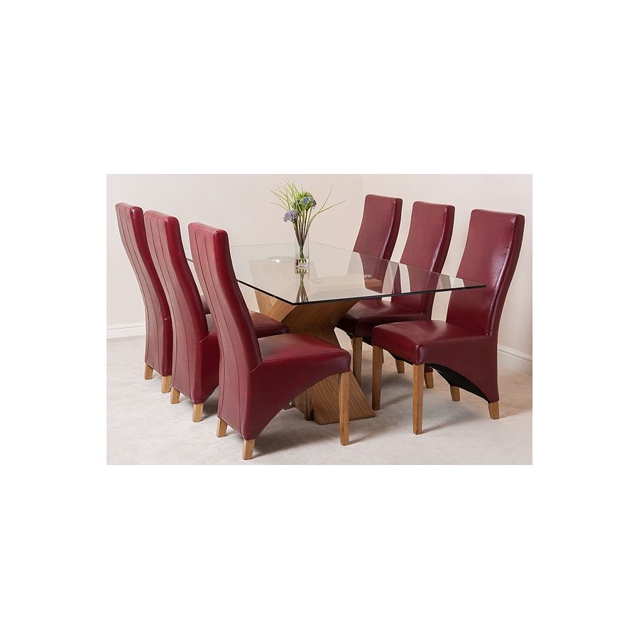 Valencia Oak Large Glass Dining Table & 8 Lola Burgundy Leather Chairs