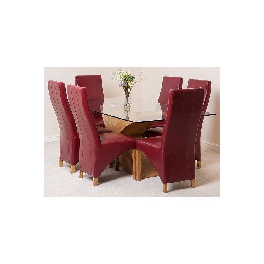 Valencia Oak Large Glass Dining Table & 8 Lola Burgundy Leather Chairs