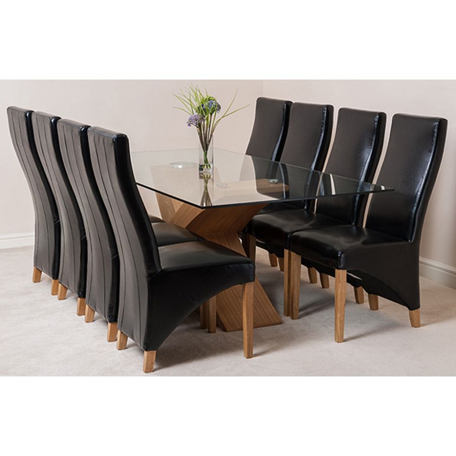 Valencia Oak Large Glass Dining Table & 8 Lola Black Leather Chairs