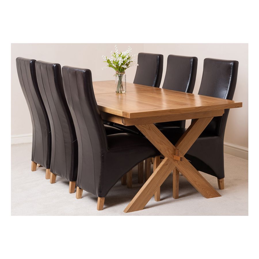 Vermont Cross Leg Oak Extending Dining Table with 8 Lola Brown Leather Dining Chairs