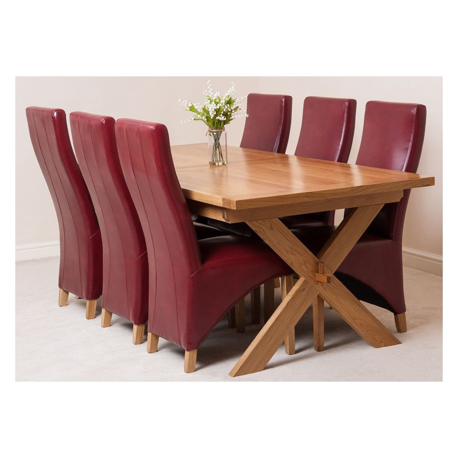 Vermont Cross Leg Oak Extending Dining Table with 6 Lola Burgundy Leather Dining Chairs