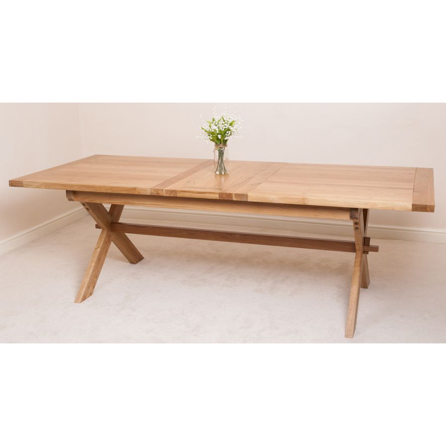 Vermont Cross Leg Oak Extending Dining Table with 6 Lola Burgundy Leather Dining Chairs