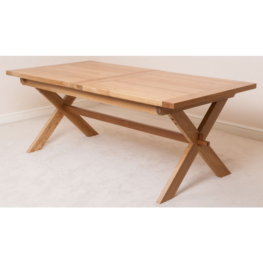 Vermont Cross Leg Oak Extending Dining Table with 6 Lola Burgundy Leather Dining Chairs