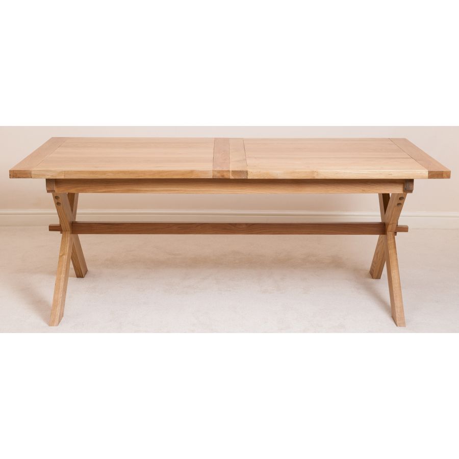 Vermont Cross Leg Oak Extending Dining Table with 6 Lola Burgundy Leather Dining Chairs