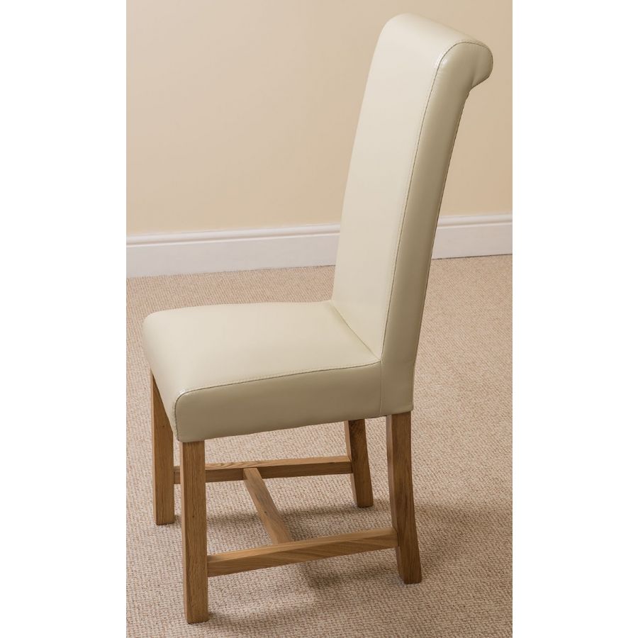Oregon Round Oak Dining Table with 4 Washington Ivory Leather Chairs