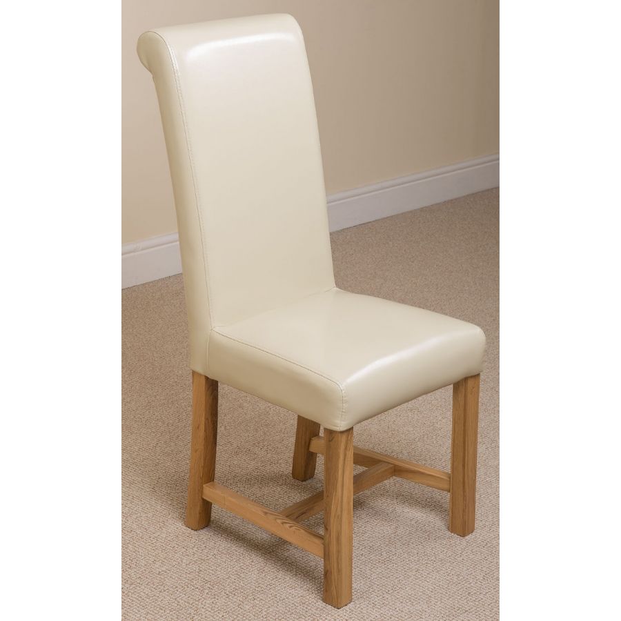 Oregon Round Oak Dining Table with 4 Washington Ivory Leather Chairs